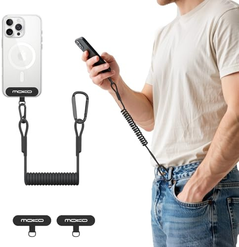MoKo Phone Lanyard Tether with Patch, Anti-Theft Cell Phone Strap with Carabiner, Universal Stretchy Anti-drop Cellphone Lanyard for Outdoor Hiking Climbing Fishing, Fits Most Smartphones, Black