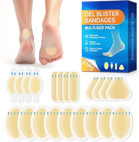 Blister Bandages for Feet - Hydrocolloid Bandages, 21 Count Gel Pads for Heel & Toe, Waterproof & Sweat Resistant, Prevent Blisters from Running, Hiking, Shoes (Multi-Size) (1 Pack)