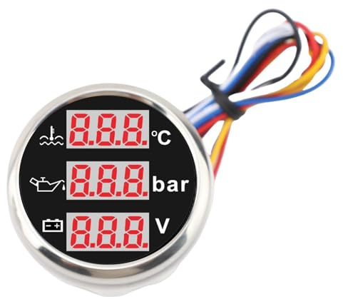 Zhjvihx Instrumento 3 en 1, Voltímetro de Batería de Presión de Aceite de Temperatura del Refrigerante del Motor con de Alerta de Pantalla Digital, para Coche, Barco, (Cubierta plateada con esfera