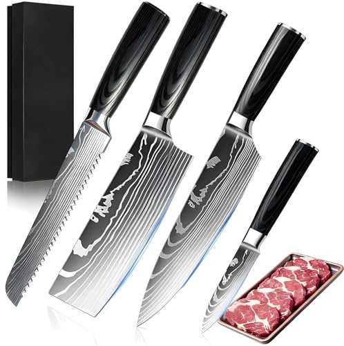QTACIE Kitchen Knife Set, 4 Pcs Chef Nakiri Bread Paring Knife Set, Professional Kitchen Knives with High Carbon Stainless Steel, with Ultra Sharp Blade & Easy Grip Handle