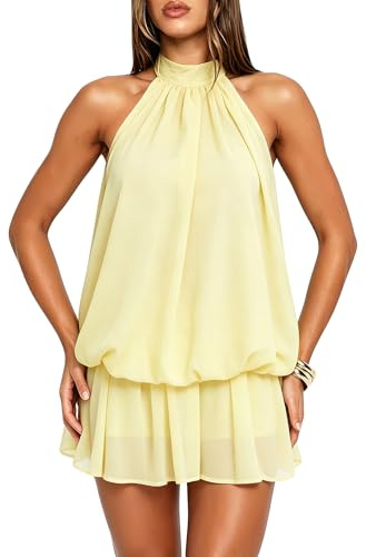 Coloquin Womens Cute Halter Chiffon Mini Dress Flowy Ruffle Backless Y2k Party Going Out Short Dresses