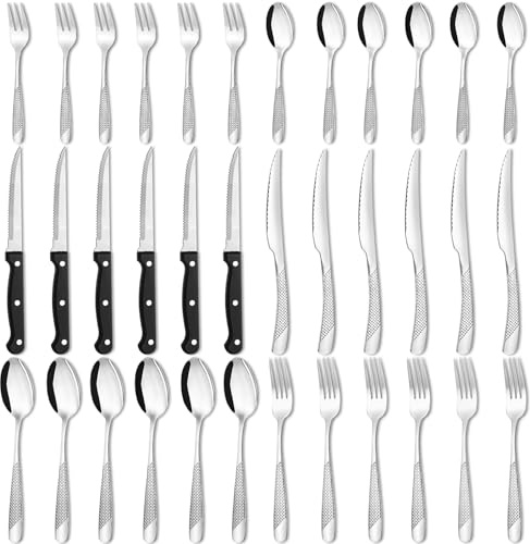 Set Posate Acciaio Inox 36 Pezzi per 6 Persone, 6 Forchette, 6 Forchette da Dolce, 6 Coltelli, 6 Cucchiai, 6 Cucchiaini e 6 Coltelli da Carne, Lavabile in Lavastoviglie