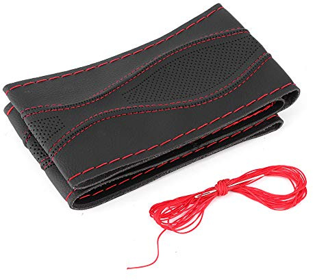 Yctze rattöverdrag, 38 cm / 15 tum läderrattöverdrag handsömningsset prägling med nål och tråd Universal biltillbehör (svart röd)