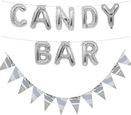 Ouceanwin Décoration de Candy Bar, Barre de Bonbons Ballon Hélium Argent et 12pcs Paillettes Fanion Guirlande Banderoles pour Fête de Mariage Noël Anniversaire Décoration événement Fournitures
