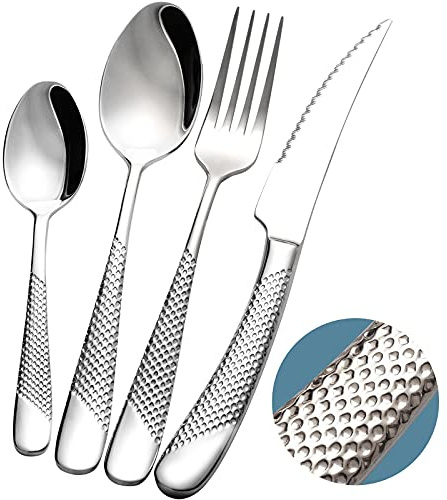 Xideman 16-Piece ​Modern Hammered Cutlery Set with Ultra Sharp 2-in-1 Serrated Knife, 18/10 Stainless Steel Silverware Flatware Set Service for 4, Tableware Utensil, Forks Spoons Knives Set