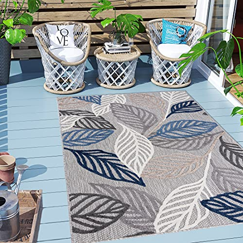 Carpeto Rugs Blattmuster In- & Outdoor Teppich Wetterfest für Balkon, Terasse - Balkon Teppich Wasserfest - Outdoorteppich Wetterfest - Aussenteppich Terrasse Groß - Grau Blau 4-80 x 150 cm