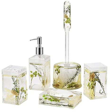 Locco Decor 5 Piece Acrylic Liquid 4D Floating Motion Bathroom Vanity Accessory Set Garden Botanic Green Plants Toothbrush Holder, Tumbler, Soap Dispenser, Soap Dish, Toiletbrush Holder Set