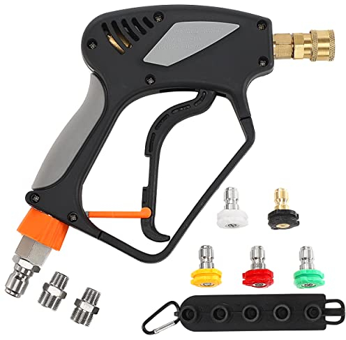 PWACCS Hochdruckreiniger-Pistole mit Drehgelenk, kurze Pistole mit 3/8-Zoll-Schnellkupplung, M22 14 mm/15 mm Fassung, 5 Hochdruckreiniger-Düsenspitzen mit Halter, 5000 PSI, Schwarz