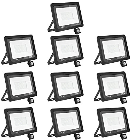 treoir Proyector LED exterior de 10 W con sensor de movimiento – Foco exterior IP66 blanco frío para jardín, garaje, patio
