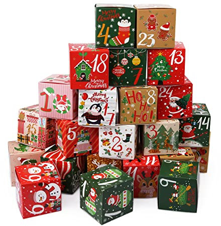 DIY Christmas 24 Days Countdown Advent Calendar, 24pcs Christmas Cardboard Treasure Boxes Make & Fill Your Own Advent Calendar Gift Box for Xmas Party, Holiday Present Decoration