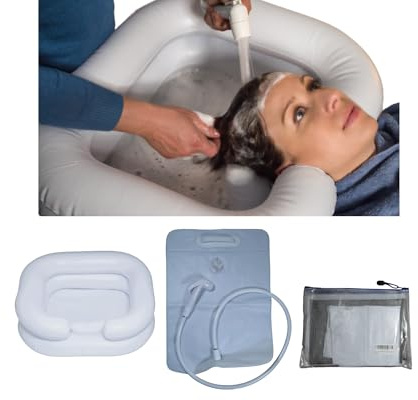 Lavatesta Gonfiabile per Lavaggio Capelli con cuscino integrato, serbatoio e doccetta. Lavatesta Portatile - Lavandino Portatile Gonfiabile per persona a letto, disabili o anziani, per fare shampoo