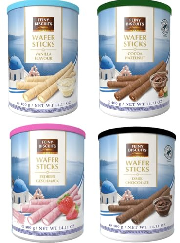 Biscuits Feiny, gaufrettes en bâtonnets et en rouleaux, en boîte métallique, saveurs vanille, cacao-noisette, fraise et chocolat noir, assortiment de variétés, lot de 4 x 400 g