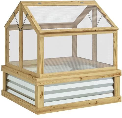Outsunny Wooden Raised Garden Bed with Polycarbonate Greenhouse, Natural