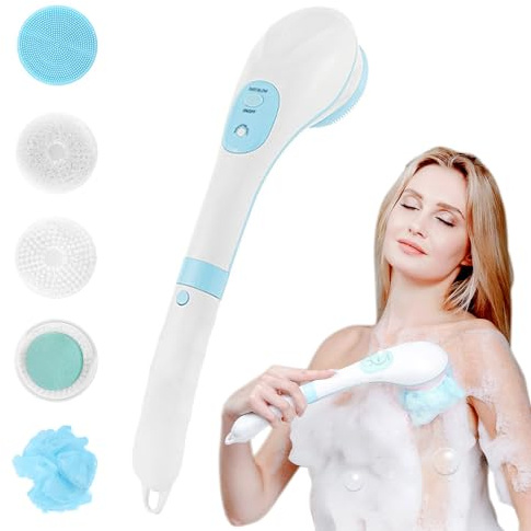 Spazzola elettrica per il corpo, spazzola per la pulizia del viso, spazzola rotante con 5 testine, ricaricabile tramite USB, impermeabile, con manico lungo, per esfoliare, pulire profondamente,