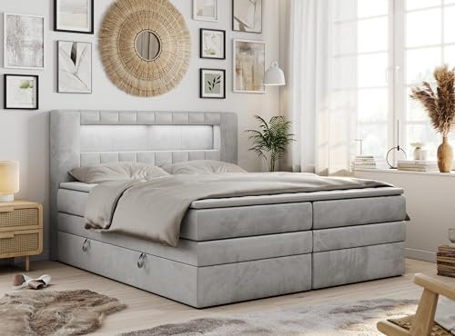 MKS MEBLE Boxspringbett 180x200 mit Led Samt Grau, Polsterbett mit LED Kopfteil, Multipocket Matratze H4, Doppelbett mit Bettkasten Stauraumbett - GOLD-5-KING - Velvet Hellgrau