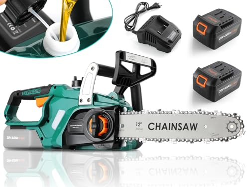 Akku-Kettensäge mit Li-Ion 20V Akku, 8000 mAh Elektro Kettensäge 30,5 cm Schnittlänge, 12 Zoll E-Kettensäge mit Ketten & Führungsschienen & Ladegerät, Rückschlagschutz, Bürstenloser Elektromotor