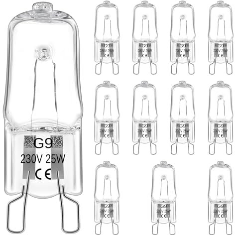 Morotty 12 Stück G9 Halogen Leuchtmittel 25W 230V, Glühbirne G9 Dimmbar 2800k Warmweiß, Backofenlampe 300 Grad Halogen, Halogenlampe für Ofenlampe, Mikrowellenherd,Leuchter, Kabinettbeleuchtungen