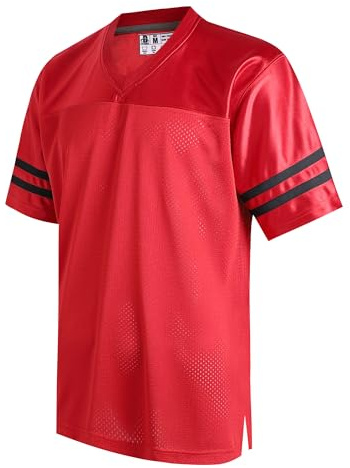 DEHANER Red American Football Jerseys for Men Women Dad Mom Workout Tops Sports Basketball Athletic Shirt Vintage Outfits Black Stripe-Red Jersey,Men Size Large