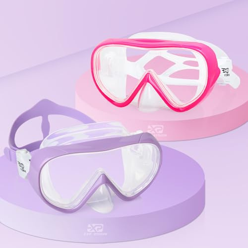 Masque de plongée pour enfant panoramique à 180°, anti-buée, verre trempé, masque de natation en silicone pour garçon, fille, avec cache-nez, 4-16 (rose + violet, 2 pièces)