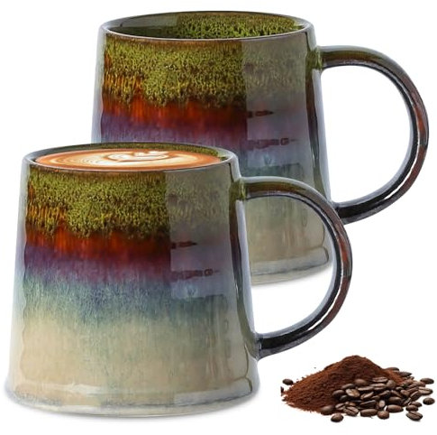 Set di 2 Tazze da Caffè in Ceramica, Grandi Tazze con Manico, Lavabili in Lavastoviglie per Cappuccino, Latte Macchiato, Muesli e Zuppe a Doppia Muratura (Verde Inchiostro - 450ml)