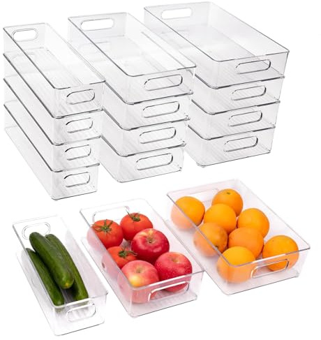 ZHOHO TANT 12 Pack Refrigerator Organizer Bins, 3 Sizes Stackable Clear Pantry Storage with Handles for Fridge, Freezer, Shelves, Drawer, Snack Organizer for Home & Kitchen