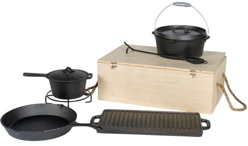 Dutch-Oven-Set 7-teilig aus Gusseisen in Holzkiste