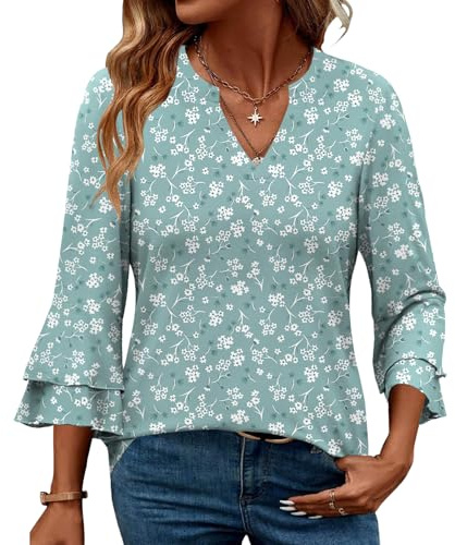 IEEILULU Damblus, V-ringad 3/4 ärm, tunika, eleganta toppar med volangärmar, casual, lätta toppar, Grön, S
