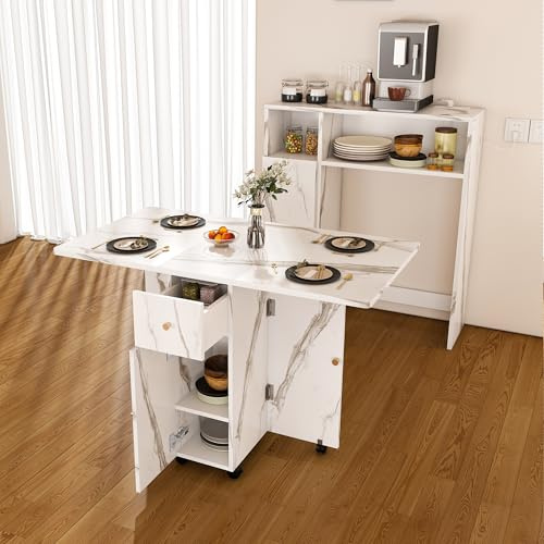 Montary Multifunctional Folding Dining Table with Wall-Mounted Sideboard & Storage for Small Apartments, Movable Kitchen End Table Extendable Dining Table Set for 2-6 People, White