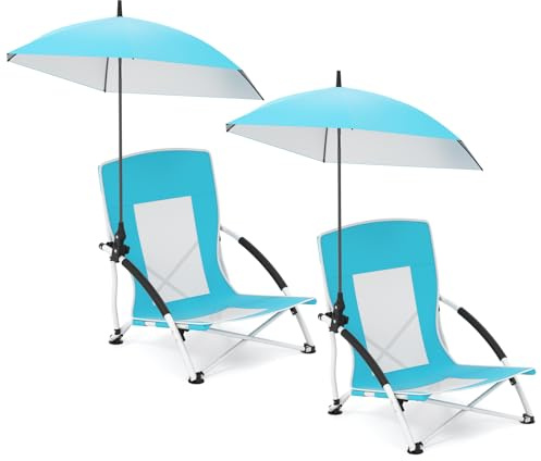 COSTWAY Beach Umbrella Chair for Adults, Foldable Low Seat Camping Chair with Adjustable Parasol, Universal Umbrella Clamp and Armrest, Portable Outdoor Backpack Chairs (2, Blue)