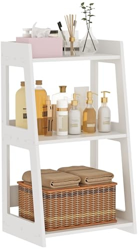 POBOMULI 3-Tier Bathroom Ladder Shelf Freestanding, White Floor Shelves Open Shelving Unit, Small Bookshelf Nightstand for Home Study Laundry Room (11.8 D x 15.7 W x 27.6 H)