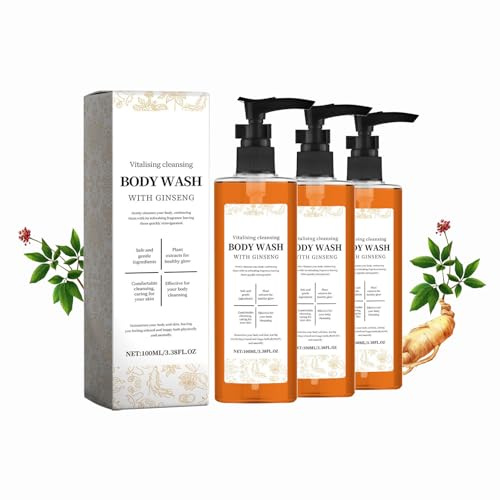 Ginseng Gel douche pour le corps, savon liquide naturel au ginseng, nettoyage efficace et hydratant, favorise l'éclat avec un parfum frais, pour une peau rayonnante tous les jours (3 pièces)