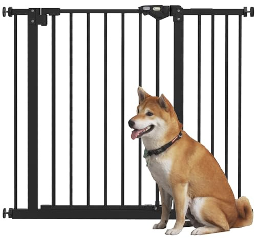 PawHut Barrera de Seguridad para Perros Extensible 74-94 cm, para Puertas y Escaleras, Barrera para Perros Medianos, Cierre Automático Montaje a Presión Doble Bloqueo 1 Extensión 14 cm, Negro