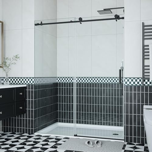 Frameless Sliding Shower Door 44–48 Inch W x 76 Inch H – Single Sliding Glass Door with Fixed Panel, 8mm Easy-Clean Tempered Glass, Stainless Steel Round Rail & 55 Rollers, Matte Black