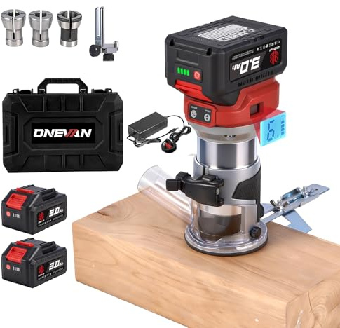 ONEVAN Cordless Wood Router Palm Router Tool- Brushless Router Trimmer with Digital Display, 6-Speed, 30mm Depth Adjustment, Aluminium Base, 2×3.0Ah Batteries, (6/6.35/8) mm Collets for Woodworking