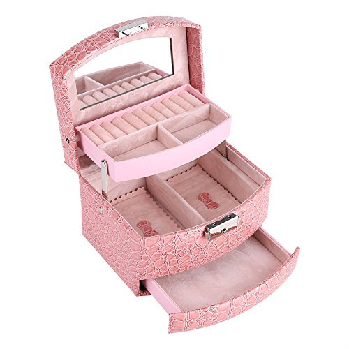 Yosoo Boîte à Bijoux Coffret Pésentoirs en Cuir 3 Plateaux Tiroirs Intérieur Velouté 5 Couleurs Verrouillable à Clé Miroir Accessoires(Pink)