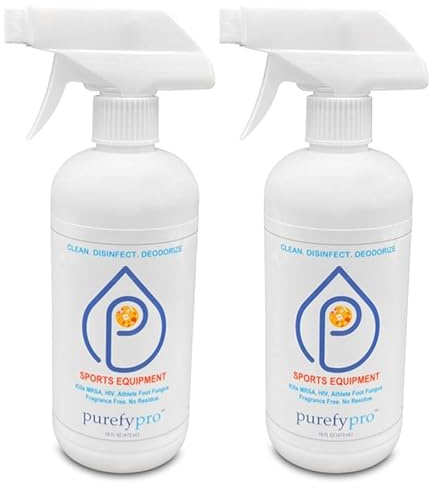 Purefypro Sports Equipment Disinfectant Spray (16oz, 2pk) Kills 99.9999% MRSA, HIV, Athlete Foot Fungus, Virus, Fungi. No Residue. Great For Sports Pads, Yoga Mats, Shoes, Boxing Gloves, Gym Equipment
