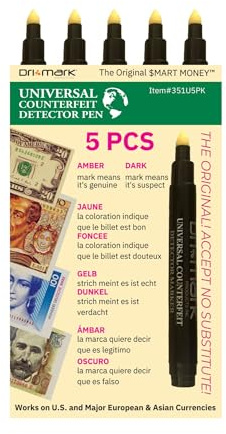 Dri Mark Universal International Counterfeit Pen, 3 Times More Ink, Fake Money Checker, Money Loss Prevention Tester & Fraud Protection for U.S. and International Currency, Made in The USA (5 Pack)