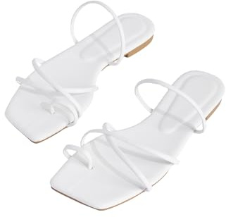 GORGLITTER Women's Metallic Strappy Sparkly Sandals Dressy Cute Slip on Slide Vacation Summer Weeding Flats Sandals White 8.5