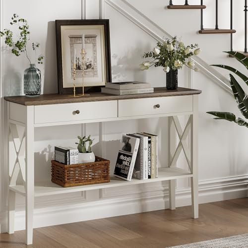 ChooChoo 47 Farmhouse Entryway Table with Drawers and Storage Shelf