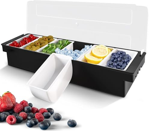 YARRD Bandeja de servir enfriada por hielo, color negro, contenedor de plástico para servir en casa, restaurante, enfriador de guarnición fría con tapa para frutas, verduras, barra de ensalada,