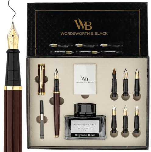 Wordsworth & Black presentset för kalligrafipennor, inklusive bläckhorn, 6 bläckpatroner, omvandlare, 6 reservfjädrar, perfekt för journaling och mjukt skrivande [brunguld]