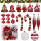 Huiguli Christmas Tree Baubles Set, 16 Pcs Red Plastic Christma Trees Decoration, Candy, Cane, Bells, Glove, Icicles, Balls Hanging, 6-14cm, Christma Tree Ornaments with Hooks for Xmas, Shatterproof