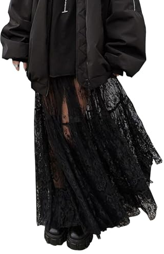 Mumaroho Women Sexy High Waist Solid A-line Cover Ups Beach Sheer Mesh Lace Maxi Skirt Without Lining (US, Alpha, X-Large, Regular, Regular, Black)