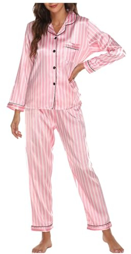 Conjunto de Pijama Seda Mujer, Pijama Saten, Pijamas Raso Invierno Largo para Mujer con Botones, Ropa de Dormir de Dos Piezas Traje de Casa Camisero de Manga Larga Y Pantalon