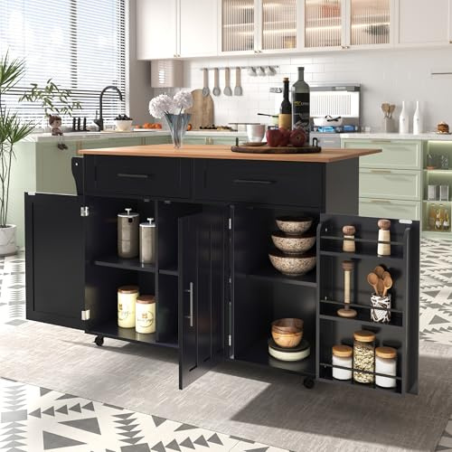 KUAKE Carrello da cucina con piano di lavoro pieghevole, isola da cucina mobile su ruote con 2 cassetti e 3 ripiani regolabili, 129 x 46 (71 x 91,5 cm, colore: nero