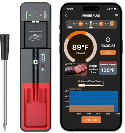 CHEFSMART I PREMIUM BLUETOOTH FOOD THERMOMETER: Compatible with ovens, air fryer, pan, grills, smoker, BBQ. 164ft range. USB Charging. Free APP for IOS & Android.