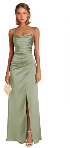 Generic Robes de demoiselle d'honneur en satin pour femmes, sirène, robe de soirée formelle avec fente, bretelles spaghetti, col rucheté, robe de bal pour invitées, vert sauge, 52 Grande taille