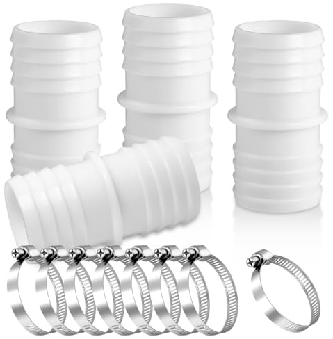 NUTKIT Adaptador Manguera Piscina 38 mm a 38 mm, 4 Piezas Conectores de Manguera, Conector para Manguera de Piscina,Boquilla de Manguera Doble, Adaptadores Bomba De Agua con 8 Abrazaderas (Blanco)