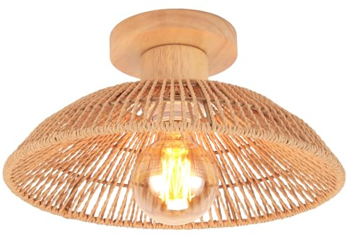 iDEGU Plafonnier Rétro Luminaire en Rotin et Bois Design Bohème Lustre Suspension Vintage Lampe de Plafond E27 Éclairage Décoration pour Salon, Chambre, Couloir, 30CM (Rotin Marron)