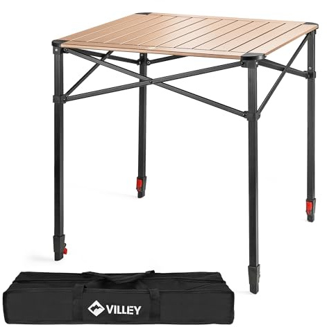 VILLEY fällbord i aluminium med bärväska, fällbart campingbord i aluminium, fällbart balkongbord, trädgårdsbord för picknick, camping och strand utomhus, 70 x 70 x 78 cm